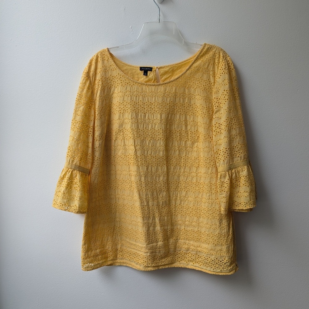 Talbots Blouse Yellow Eyelet Bell Sleeve Cotton Top XL